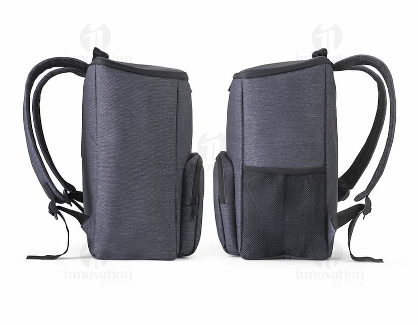 Mochila com isolamento térmico em couro preto, com zíper e alça. Ideal para viagens, armazenamento de objetos e elegância no estilo pessoal.