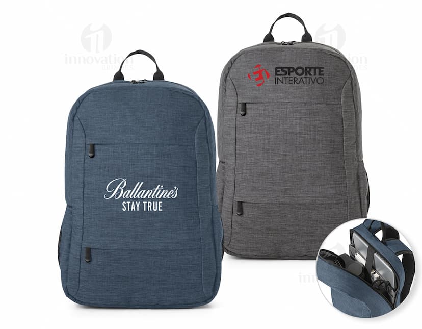 Mochila notebook portátil 300D reciclado preta feita de couro, com alça de mão, alça de ombro, zíper, bolso e compartimentos para armazenamento. Ideal para viagens, negócios e aventuras. Elegante e moderna.