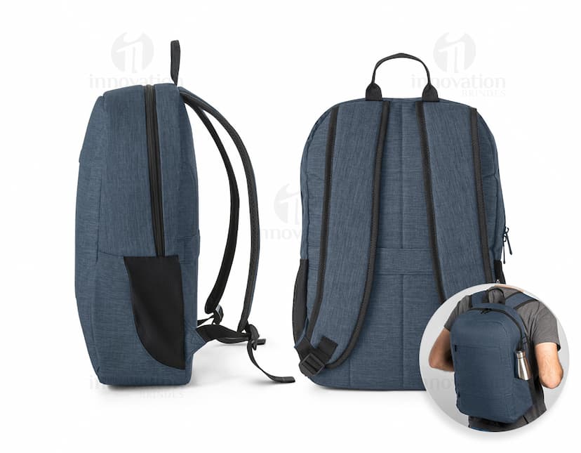 Mochila notebook portátil 300D reciclado preta feita de couro, com alça de mão, alça de ombro, zíper, bolso e compartimentos para armazenamento. Ideal para viagens, negócios e aventuras. Elegante e moderna.
