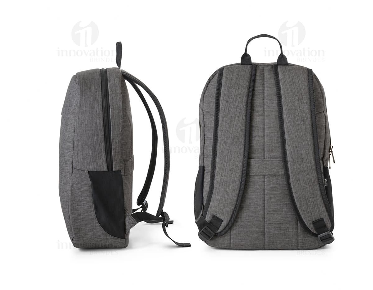 Mochila notebook portátil 300D reciclado preta feita de couro, com alça de mão, alça de ombro, zíper, bolso e compartimentos para armazenamento. Ideal para viagens, negócios e aventuras. Elegante e moderna.