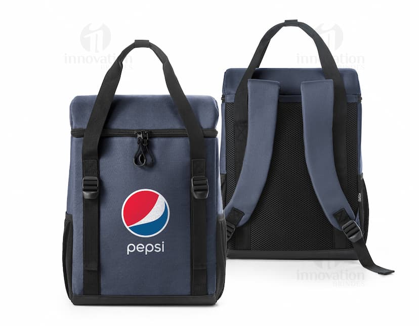 Mochila térmica almofadada em couro preto 3D, moderna, com suporte para dispositivo e equipamentos de negócios. Ideal para armazenamento de objetos, como vestimenta à prova de balas, em ambiente de escritório. Estilo vintage e elegante, confortável e prática para viagens ou uso diário.