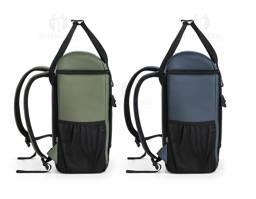 Mochila térmica almofadada em couro preto 3D, moderna, com suporte para dispositivo e equipamentos de negócios. Ideal para armazenamento de objetos, como vestimenta à prova de balas, em ambiente de escritório. Estilo vintage e elegante, confortável e prática para viagens ou uso diário.