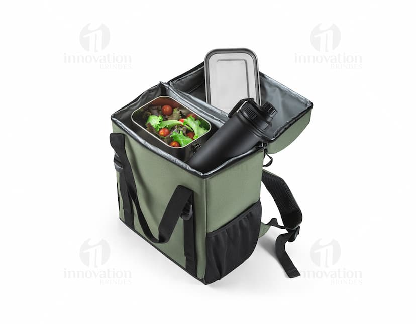 Mochila térmica almofadada em couro preto 3D, moderna, com suporte para dispositivo e equipamentos de negócios. Ideal para armazenamento de objetos, como vestimenta à prova de balas, em ambiente de escritório. Estilo vintage e elegante, confortável e prática para viagens ou uso diário.