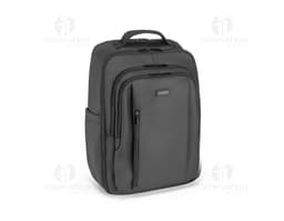 Black leather trolley backpack with metal handle and zipper. Ideal for business trips and storing tech equipment and money.