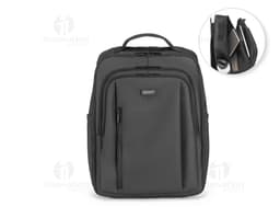 Black leather trolley backpack with metal handle and zipper. Ideal for business trips and storing tech equipment and money.