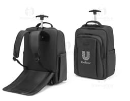 Black leather trolley backpack with metal handle and zipper. Ideal for business trips and storing tech equipment and money.
