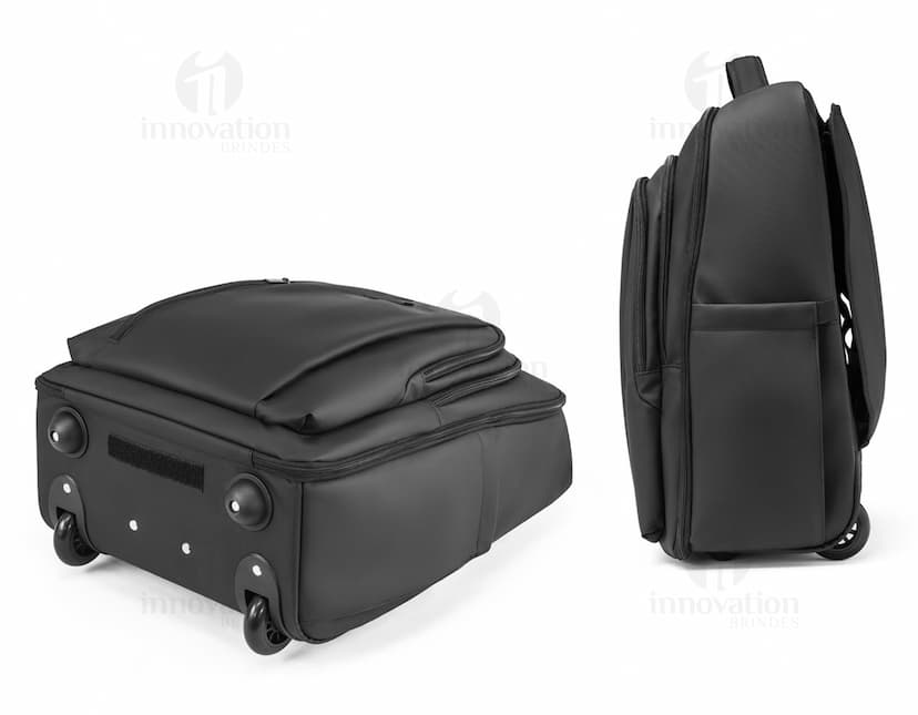 Mochila trolley de couro preto com alça de metal e zíper. Ideal para viagens de negócios e armazenamento de equipamentos tecnológicos e dinheiro. Estilo moderno e elegante.