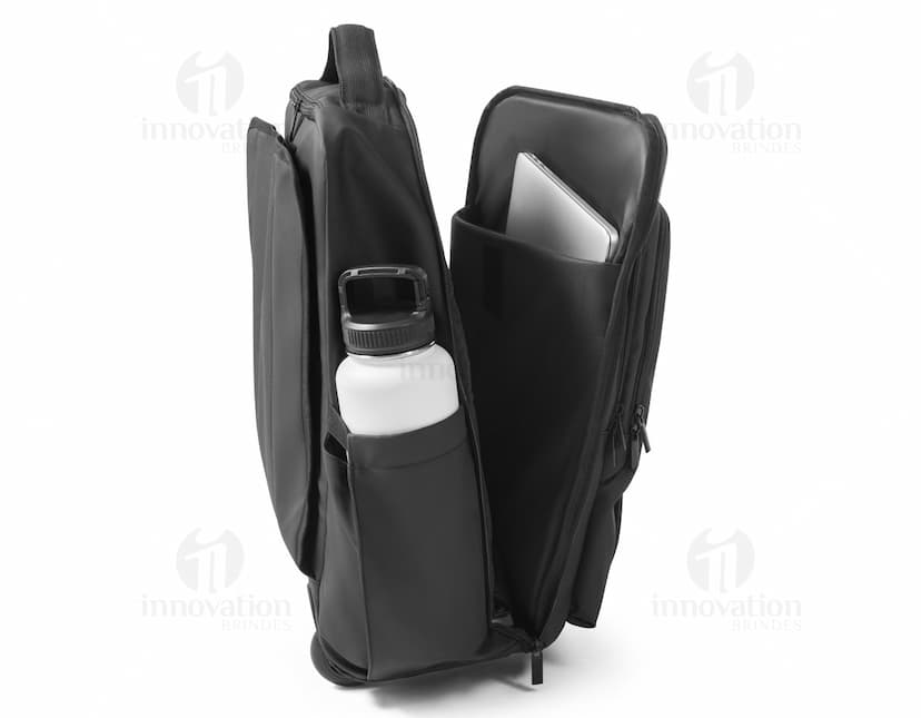 Mochila trolley de couro preto com alça de metal e zíper. Ideal para viagens de negócios e armazenamento de equipamentos tecnológicos e dinheiro. Estilo moderno e elegante.