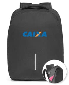 Mochila com sistema antirroubo em preto, com design moderno. Equipada com dispositivo de conexão, rodas, alça de metal e compartimento para laptop. Ideal para viagens de negócios e armazenamento seguro de equipamentos eletrônicos.