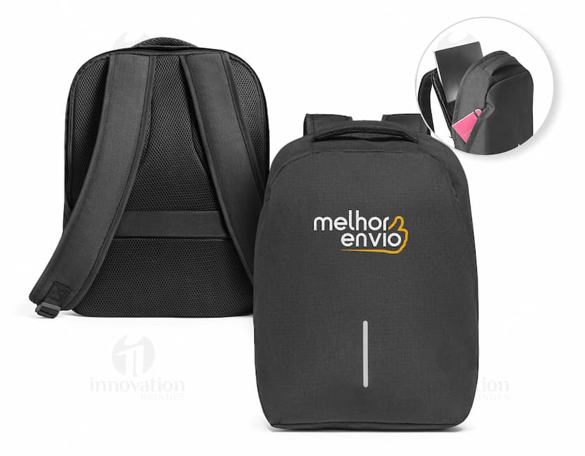 Mochila com sistema antirroubo em preto, com design moderno. Equipada com dispositivo de conexão, rodas, alça de metal e compartimento para laptop. Ideal para viagens de negócios e armazenamento seguro de equipamentos eletrônicos.