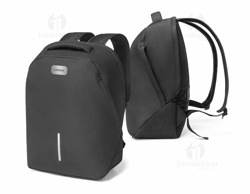 Mochila com sistema antirroubo em preto, com design moderno. Equipada com dispositivo de conexão, rodas, alça de metal e compartimento para laptop. Ideal para viagens de negócios e armazenamento seguro de equipamentos eletrônicos.