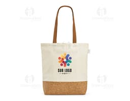 Sacola de compras feita de 70% algodão reciclado, com textura castanha de juta, vazia e sem ninguém por perto. Na sacola há