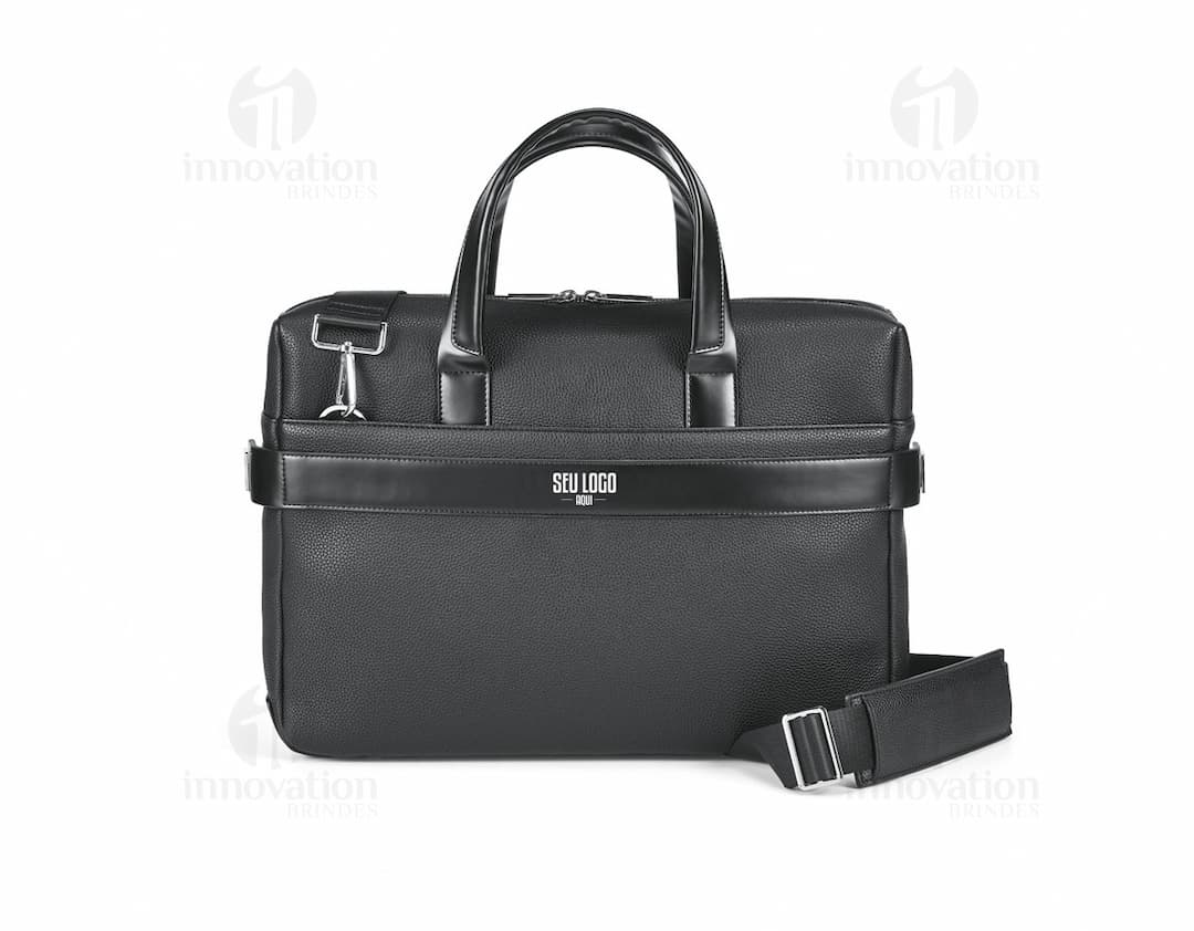 Pasta executiva em couro sintético preto de luxo para proteger com estilo seus acessórios de negócios. Seguro, elegante e moderno, ideal para viagens e reuniões. Adquira já!