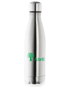 Garrafa térmica de 500ml em inox, com design elegante e clean. Toda em metal, com tampa e forma cilíndrica. Ideal para manter bebidas quentes ou frias por horas.