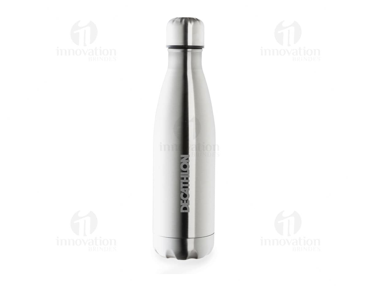 Garrafa térmica dupla em inox de 500ml, transparente e elegante, com tampa em cor amarela. Ideal para manter a bebida quente ou fria por mais tempo.