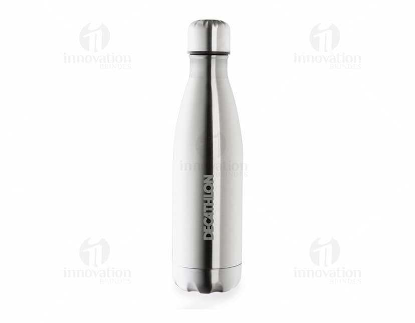Garrafa térmica dupla em inox de 500ml, transparente e elegante, com tampa em cor amarela. Ideal para manter a bebida quente ou fria por mais tempo.