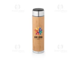 Stainless steel thermal water bottle with infuser, product containing clear liquid.