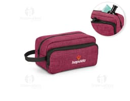 Bolsa de cosmético preta de couro com zíper, alça e compartimento único, moderna e elegante.