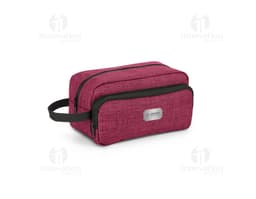 Bolsa de cosmético de couro marrom com fecho de metal, alça e zíper. Acessório de moda elegante para armazenar produtos de
