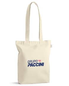 Sacola em algodão reciclado marrom, com alça e design moderno. Ideal para compras, presentes e acessórios de moda. Embalagem vazia e elegante, com zíper e etiqueta de preço. Elegância e estilo em um único produto.