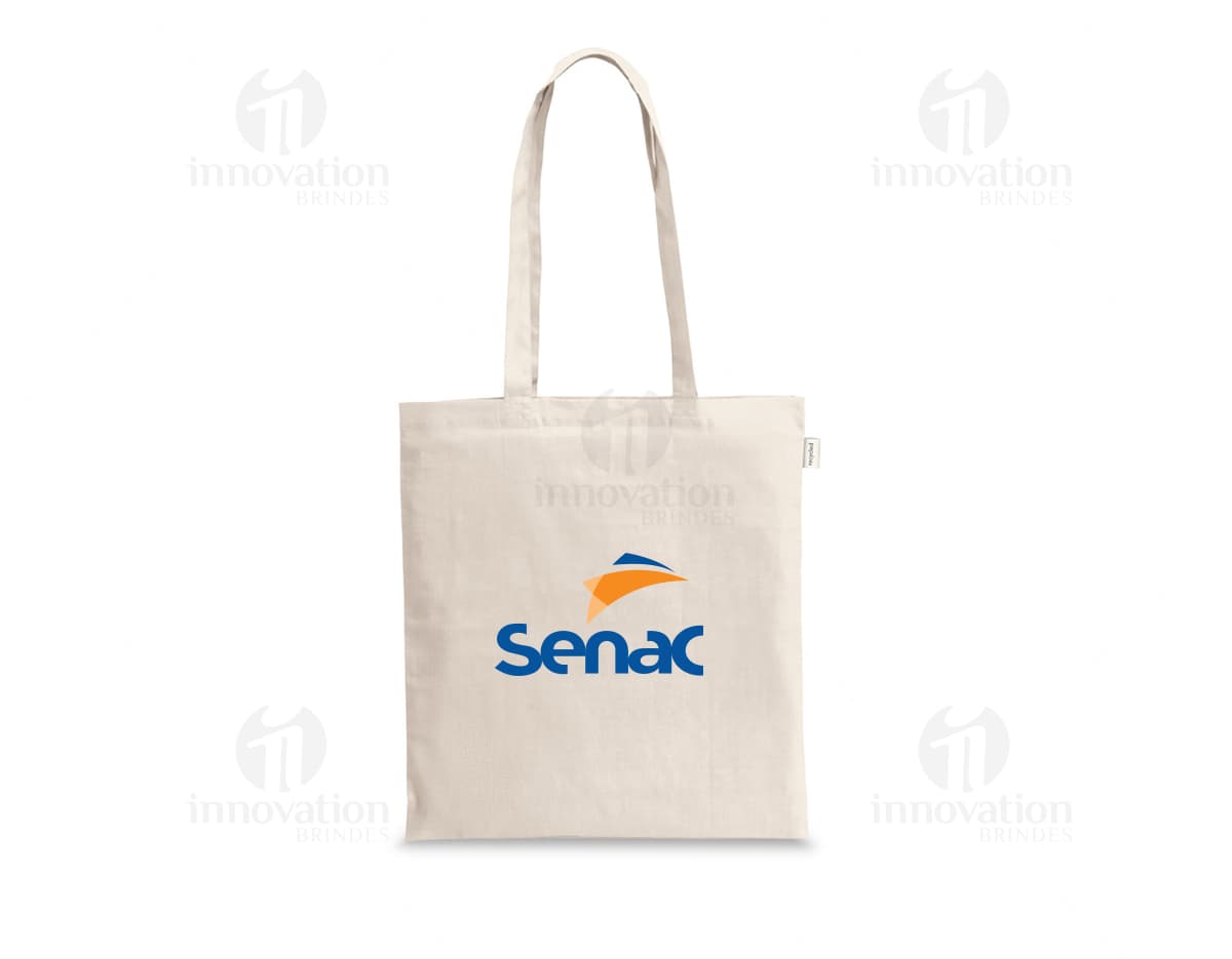 Sacola de compras em 100% algodão reciclado, design elegante e moderno em cor marrom. Possui fecho de metal com cadeado, etiqueta vazia para nome, alça resistente e detalhes em couro de luxo. Ideal para compras no mercado, loja ou presentes.