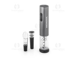 Conjunto de saca-rolhas elétrico em metal brilhante e plástico preto, com acessórios para manicure e dispositivos de higiene