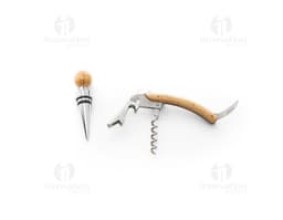 Conjunto de vinho em metal e madeira contendo saca-rolhas, abridor de garrafas, martelo, chave de fenda, alicate, chave