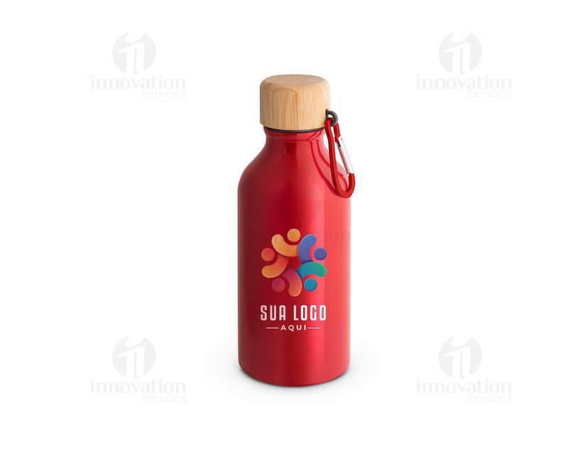 Bottle feito em alumínio para squeeze contendo líquido, clean e transparent. Ideal para armazenar bebidas, como água, sucos e chás. Cor marrom com tampa amarela. Design moderno e prático para uso em atividades esportivas e de cuidados de saúde.