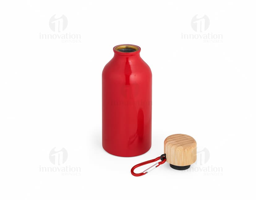 Bottle de alumínio para armazenamento de líquidos, com tampa e rótulo. A garrafa é transparente e está vazia, com design clean e saudável.