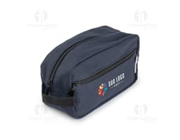 Necessaire de couro preto, contendo carteira, dinheiro, modem, maquiagem e outros acessórios pessoais. Ideal para viagens e
