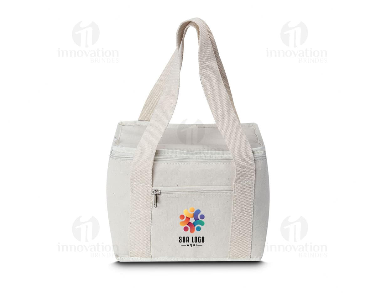 Bolsa térmica em algodão marrom, elegante e moderna, com zíper, alça e fecho de segurança. Ideal para transporte de alimentos e bebidas, proporcionando praticidade e estilo.