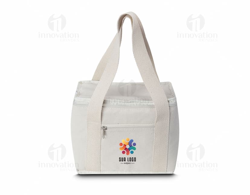 Bolsa térmica em algodão marrom, elegante e moderna, com zíper, alça e fecho de segurança. Ideal para transporte de alimentos e bebidas, proporcionando praticidade e estilo.