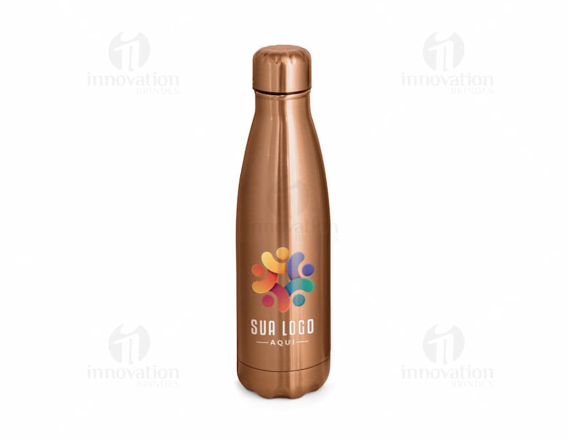 Garrafa de aço inox vazia, com design clean e elegante. A garrafa é transparente e possui um rótulo dourado. Está localizada em um banheiro, ao lado de outros produtos de higiene e cuidado pessoal.