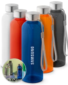 Bottle de squeezes em rPET 100%, transparentes, com tampa, higiênicos e ideais para armazenar líquidos como água, lanches e outros.