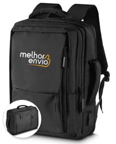 Mochila pasta para notebook preta de couro, com alças e zíperes, ideal para viagens de negócios e para profissionais executivos.