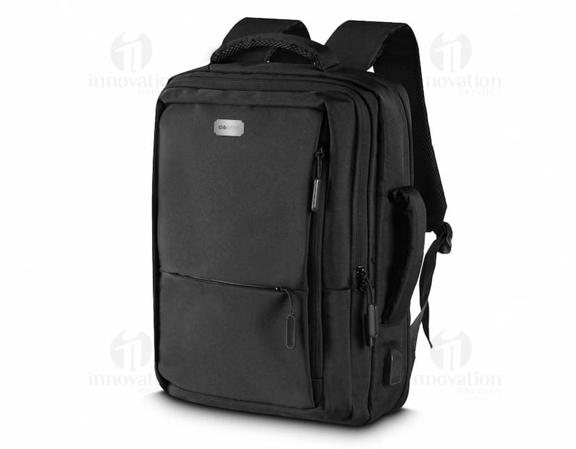 Mochila pasta para notebook em couro preto, estilo moderno e vintage, com alça, fecho, compartimentos e bolsos para acessórios e material de escritório. Ideal para viagens, negócios e escola.