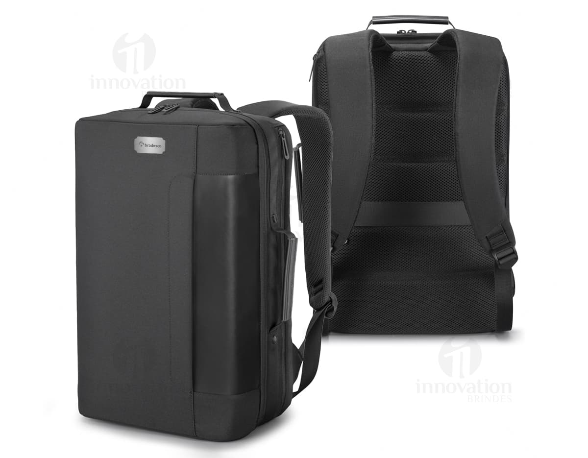 Mochila/Pasta para Notebook Premium em couro preto, moderna, com alça, fecho de metal, design profissional e espaçoso para armazenar equipamentos de tecnologia.