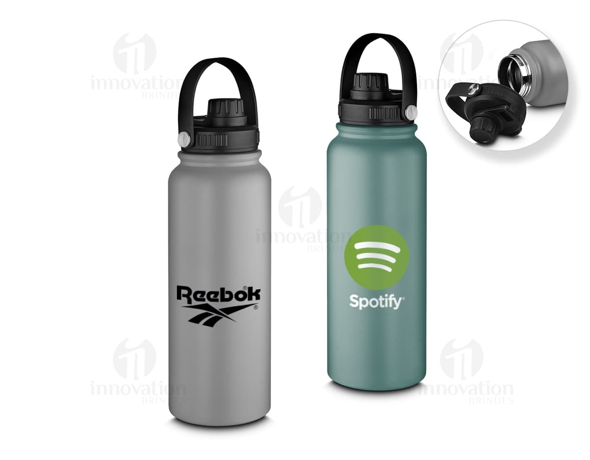 Garrafa térmica de 1,1L em plástico transparente, com tampa e design clean. O objeto é um recipiente para líquidos, ideal para manter a água fresca e saudável.