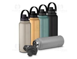 Garrafa térmica de 1,1L em metal prateado, com fechadura de segurança e alça resistente. Item seguro para armazenamento de