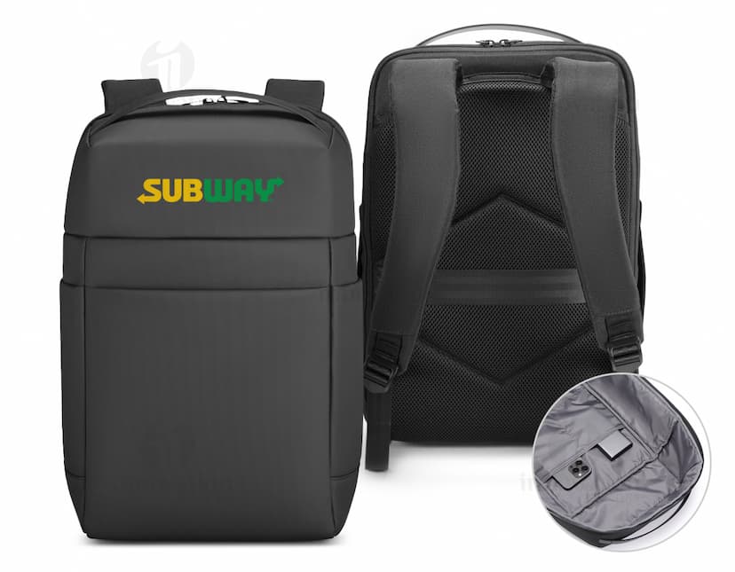 Mochila para Notebook Premium na cor preta, feita em couro moderno e metal. Possui alça, bolsos e suporte para laptop. Ideal para viagens de negócios ou uso profissional, com design elegante e espaços para armazenamento de equipamentos eletrônicos.