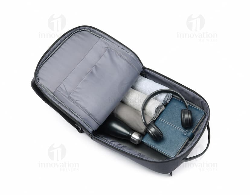 Mochila para Notebook Premium em couro preto, com detalhes em pele animal, design moderno e elegante. Possui alça de metal, compartimento para laptop e diversos acessórios. Ideal para negócios e uso pessoal. Elegância e praticidade em um único item.