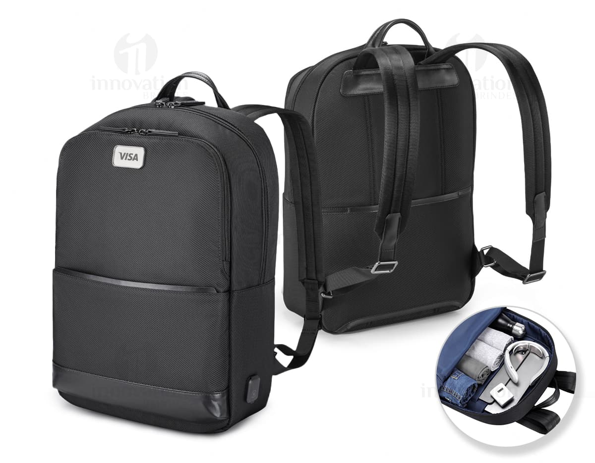 Mochila para Notebook Premium preta, moderna e profissional, feita de couro e metal, com alça retrô e fecho de botão. Equipada com compartimentos para câmera, lentes, equipamentos eletrônicos e dispositivos. Ideal para viagens de negócios e profissionais de fotografia.