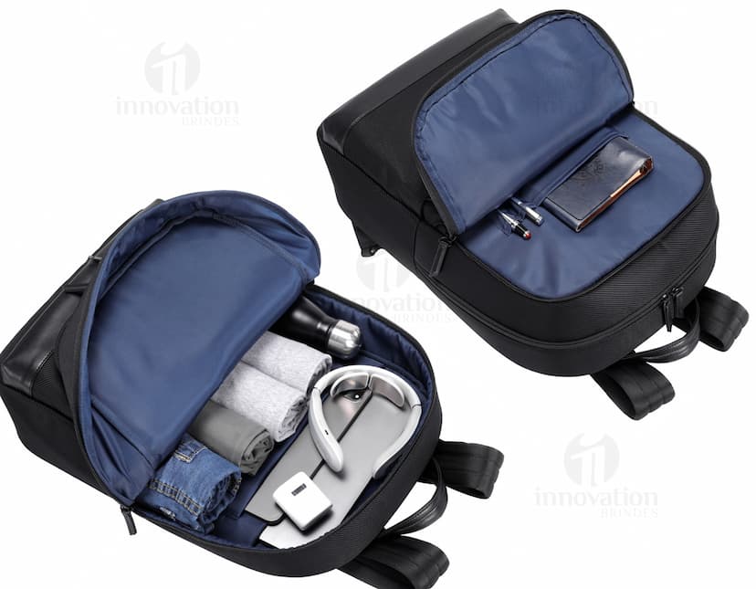 Mochila para Notebook Premium preta em couro com alça, zíper, design moderno, ideal para viagens e proteção do equipamento.