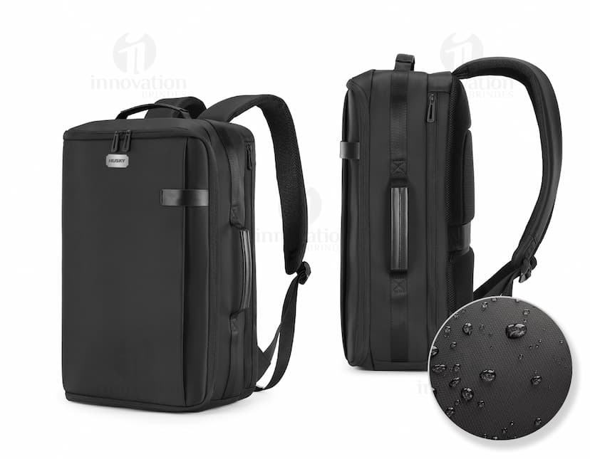 Mochila para Notebook Premium em couro preto, com compartimento para laptop e diversos equipamentos eletrônicos, como câmera, discos rígidos, caixa de som, headsets e outros acessórios. Design moderno, fecho seguro e alças confortáveis para viagens e uso profissional.
