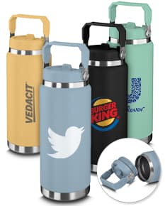 Garrafa térmica de 900ml em metal prateado com detalhes em plástico preto, possui válvula e tampa, ideal para armazenar líquidos quentes ou frios.