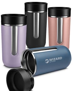 Copo térmico de 400ml em metal prateado e brilhante, com design elegante e tecnológico. Ideal para manter a temperatura de bebidas como café e chá.