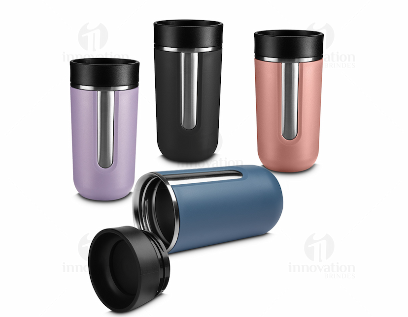 Copo térmico de 400ml em metal prateado, com design moderno e acabamento brilhante. Ideal para manter bebidas quentes ou frias por mais tempo.
