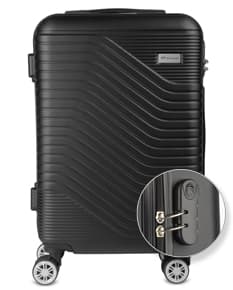 Mala de bordo em metal e couro preto, equipamento moderno com motor elétrico e dispositivo para armazenamento. Design retro com alça de couro, fecho de metal e interior espaçoso. Ideal para viagens de negócios ou lazer.
