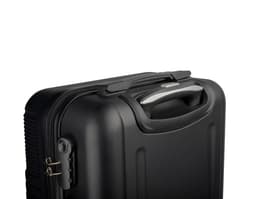 Metal and black leather carry-on luggage, modern equipment with electric motor and storage device. Retro design with leather