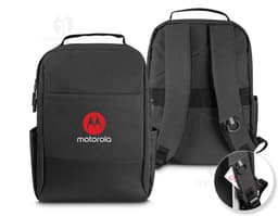Mochila para notebook preta de couro, moderna e profissional, com compartimentos para câmera e equipamentos fotográficos.